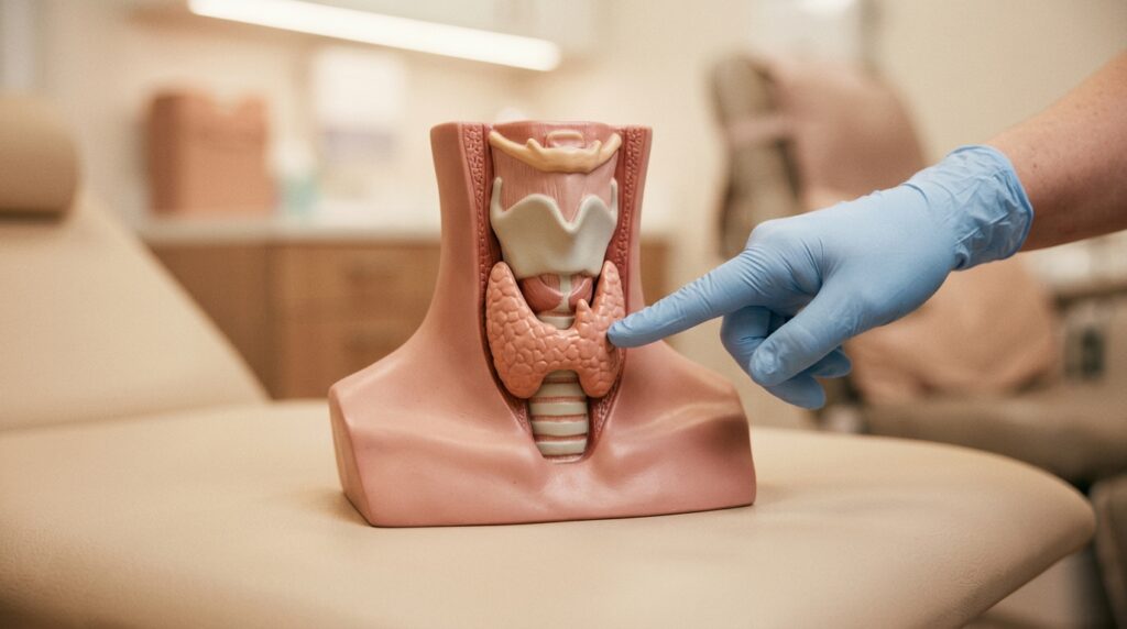 Notr yuzeyde boyun ve tiroit bolgesi anatomik modeli; yuz gorunmeden tek eldivenli el bogaz bolgesini nazikce isaret ediyor, sicak pembe ton