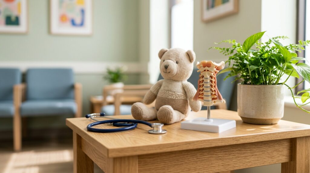 Kucuk steteskop, pelus oyuncak, minyatur anatomik boyun modeli ve saksi bitkisiyle sakin pediatrik klinik ortami