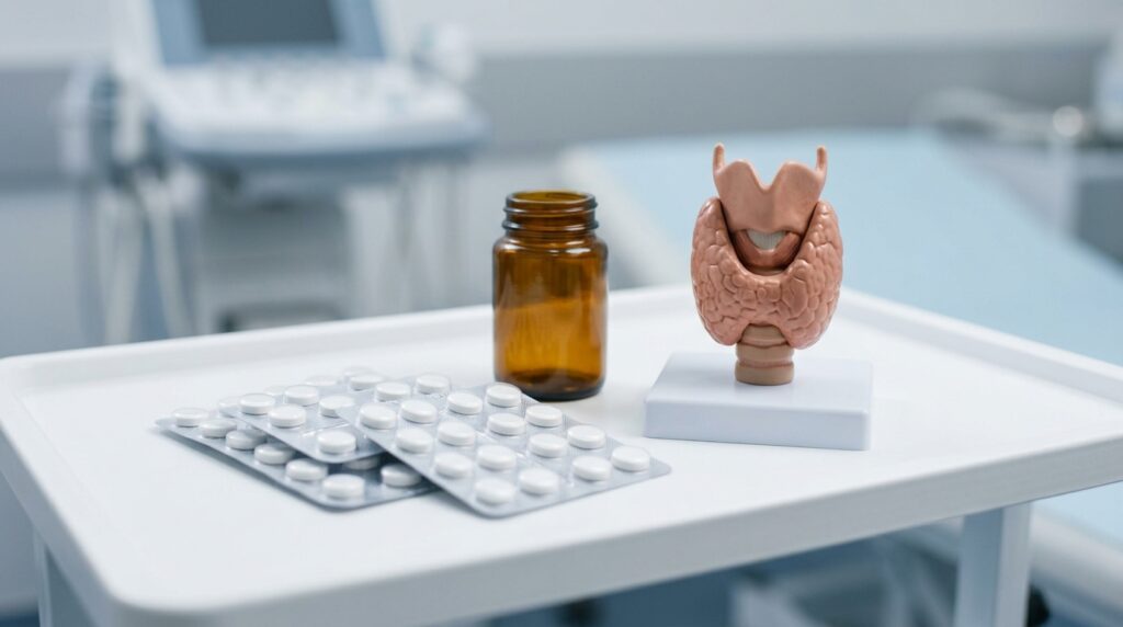 Temiz klinik tepside anatomik tiroit modelinin yaninda duzenli blister tablet paketleri ve amber ilac sisesi, tiroit tedavisi konsepti