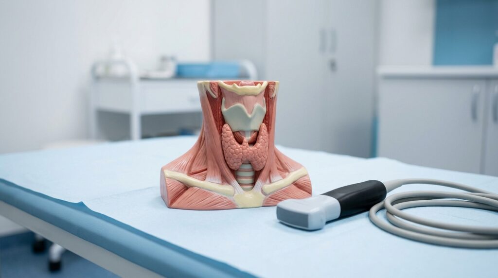 Muayene masasinda insan boynu ve tiroit bezinin ayrintili anatomik modeli ile el tipi ultrason probu